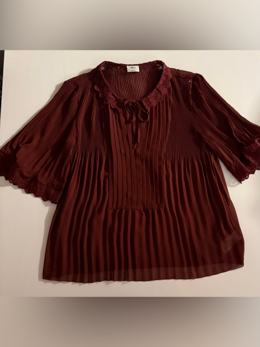 Aritzia Burgundy Pleated Tie-Neck Blouse with Lace Trim